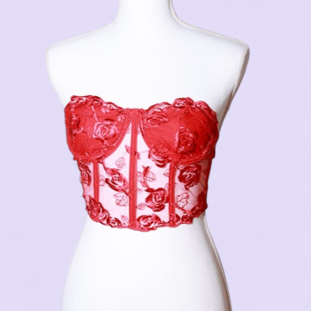 Red Rose Mesh Bustier Corset Top - Size Small
